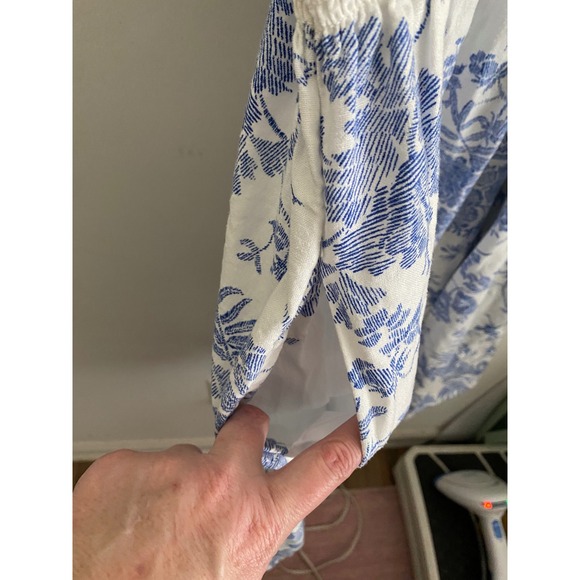 Blue White Floral Toile Smocked Linen Blend Mini Dress XL Pockets - Picture 2 of 6